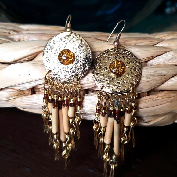 🔥HP🔥Boho chandelier earrings, gold tone, Amber center stone - Picture 3 of 8